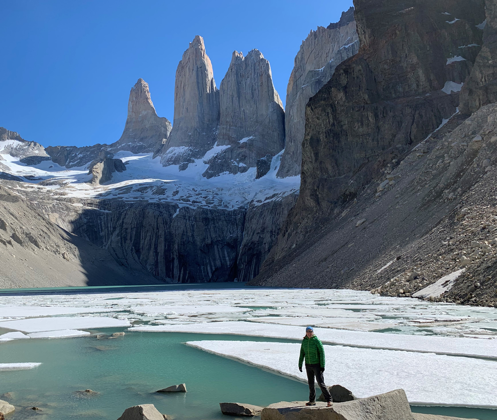 Afternoon views of Las Torres in Torres del Paine NP Chile